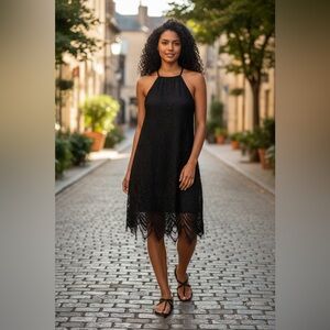 Fourteenth Place Black Floral Lace Halter Dress - Size Small